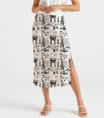 New York Sketch Satin Silk Midi Skirt with Side Slit