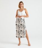 New York Sketch Satin Silk Midi Skirt with Side Slit - Image 3
