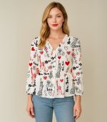 Love New York in White Georgette  V Neck Top