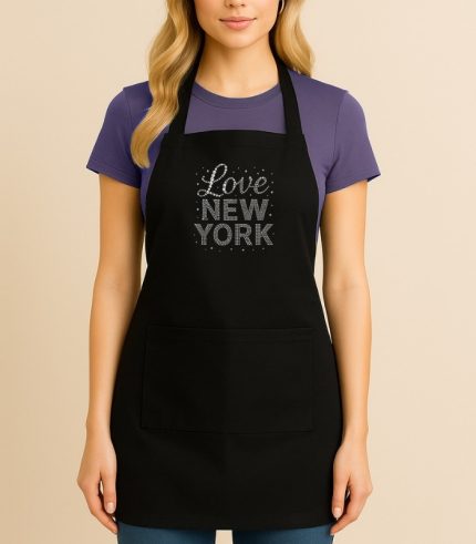 Love New York Rhinestones Kitchen Apron Black
