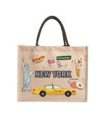 New York City Theme Laminated Eco Friendly Jute Bag with Side Gusset – Rhinestones & DTF Printed